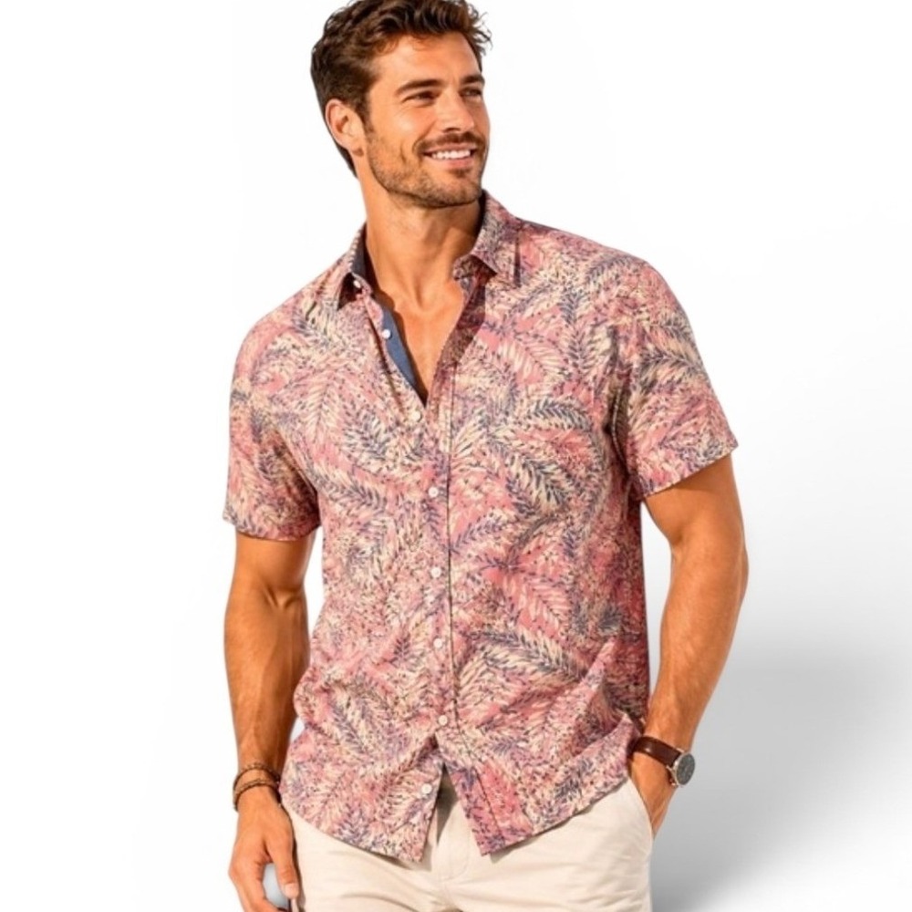 Jachs NY Button Down Shirt Mens 2XL Red Tropical Palm Leaf Short Sleeve NEW
